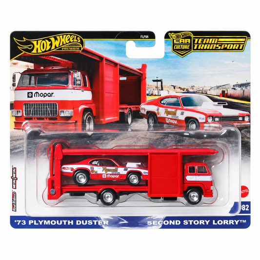 Hot Wheels Premium Team Transport #82 – ’73 Plymouth Duster & Second Story Lorry + Protektor